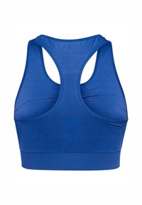 Sujetador deportivo azul con diseño de espalda nadadora,textura suave y banda elástica. Presenta un patrón sutil y un corte ajustado.