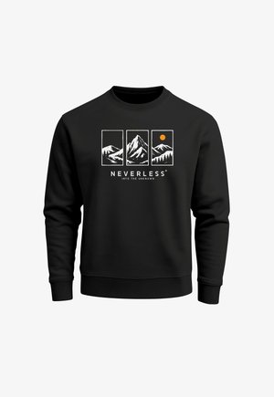 Black sweatshirt with a round neckline. Features a graphic design of mountains and a sun, with the word "NEVERLESS" and “into the unknown.”