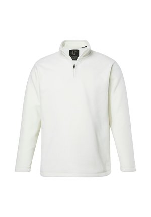Maglione bianco in pile a maniche lunghe con mezza cerniera e collo alto, che mostra un'etichetta interna nera con dettagli del marchio.
