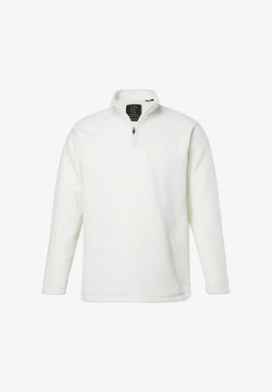 Weißer Fleecepullover mit langen Ärmeln, Viertel-Reißverschluss und Stehkragen, zeigt ein schwarzes Innenetikett mit Markendetails.