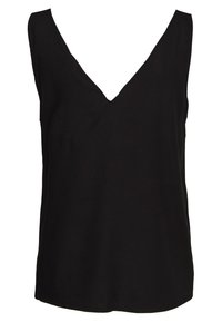Černý bezrukávový top s hlubokým výstřihem do V, vyrobený z hladké látky. Má volný střih a rovný lem.