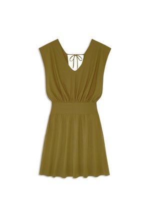 Sleeveless olive green dress with V-neck, elastic waist, gathered bodice, and a back tie closure at the neckline.