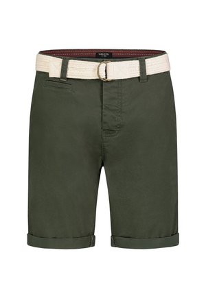 Green rolled-hem shorts with belt loops and a white woven fabric belt with metal buckle.