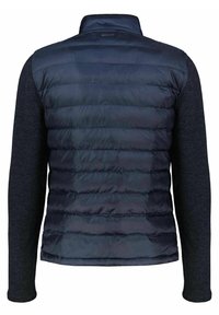Navy puffer vest with padded body and dark knitted sleeves. Features a high collar and branded tag at the back. Smooth texture, lightweight design.