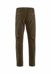 Bruine corduroy broek met een slim fit, met een textuur oppervlak en twee achterzakken met knoopsluitingen, zichtbare stikdetails.
