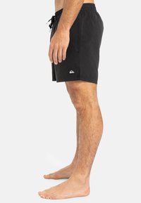 Schwarze Schwimmshorts mit einem verstellbaren Bund, Seitentaschen und einem kleinen Logo-Patch am linken Bein. Hergestellt aus leichtem, schnell trocknendem Material.