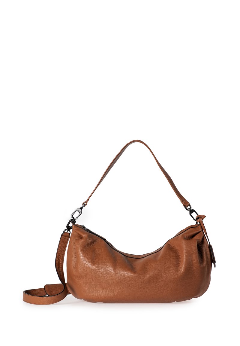 Borsa a tracolla in pelle marrone con una forma morbida e rilassata. Presenta una tracolla staccabile, chiusura con zip e un design con pochi accessori hardware.