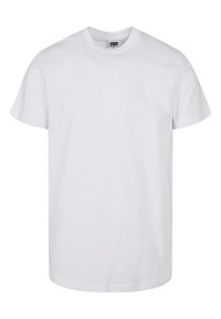 Tricou alb din bumbac, cu mâneci scurte, decolteu rotund și tiv drept. Textură netedă, fără modele sau grafice, etichetat 'Urban Classic'.