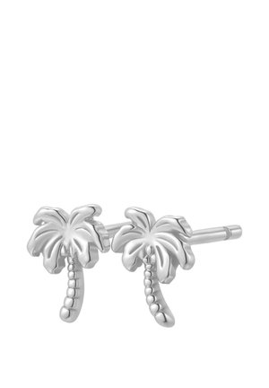 Silver earrings shaped like palm trees, featuring detailed fronds and curved trunks with small bead accents. Polished, reflective finish.
