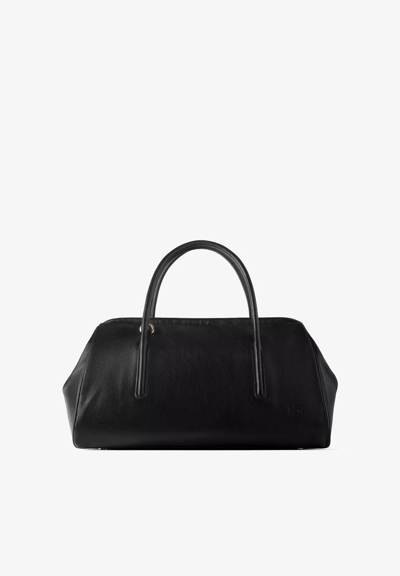Sac à main en cuir noir avec deux poignées arrondies, base rectangulaire et côtés légèrement effilés sur fond blanc.