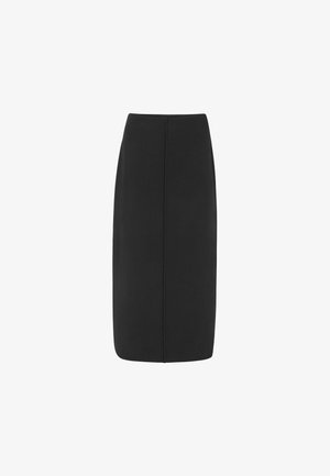 Sort blyantskørter i en glat, struktureret stof. Har en tætsiddende silhuet og en midterfattet søm bagpå. Ingen synlige lukninger eller udsmykninger.