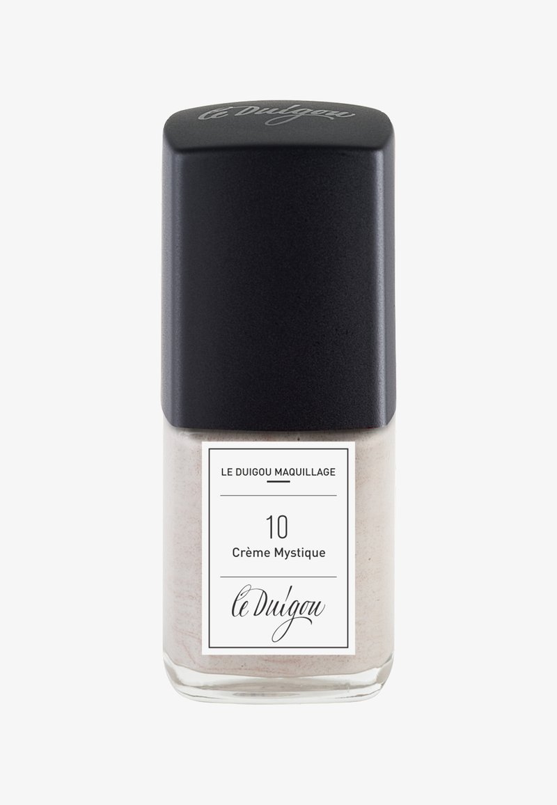 Glasflasche mit einem hellbeigen Produkt und einem mattschwarzen Deckel. Das Etikett zeigt den Markennamen "le Duigou" und den Produktnamen „Crème Mystique 10.“