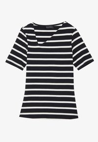 Black and white striped short-sleeve t-shirt with a V-neck design, made of soft fabric, featuring even horizontal stripes and a straight hem.