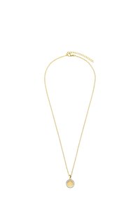 Gouden ketting met een delicate schakel en een ronde hanger. De hanger heeft een centraal ontwerp met heldere stenen rondom de rand.