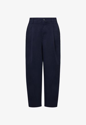 Navy blue cotton trousers with a relaxed fit, front pleats, and a button closure. The fabric has a smooth texture and straight cut.