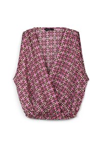 Top floreale con scollo a v e maniche corte e larghe. Presenta un motivo rosa, marrone e crema. Orlo elastico in vita per un effetto arricciato.