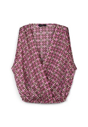 Top floreale con scollo a v e maniche corte e larghe. Presenta un motivo rosa, marrone e crema. Orlo elastico in vita per un effetto arricciato.