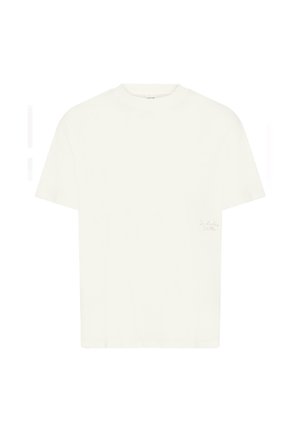 White cotton t-shirt with a crew neck, short sleeves, relaxed fit, and subtle embroidered detail on the left chest. Smooth texture.
