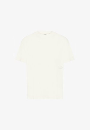 White cotton t-shirt with a crew neck, short sleeves, relaxed fit, and subtle embroidered detail on the left chest. Smooth texture.