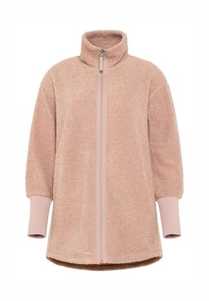 Lichtroze fleecejack met hoge kraag, volledige rits en geribde mouwen. Zachte, gestructureerde stof met een losse pasvorm.