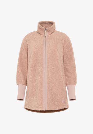 Lichtroze fleecejack met hoge kraag, volledige rits en geribde mouwen. Zachte, gestructureerde stof met een losse pasvorm.