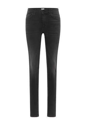 Schwarze Denim-Jeans mit schlanker Passform, Fünf-Taschen-Design, subtiler Ausbleichung und glatter Textur. Mit Knopfverschluss und Gürtelschlaufen.