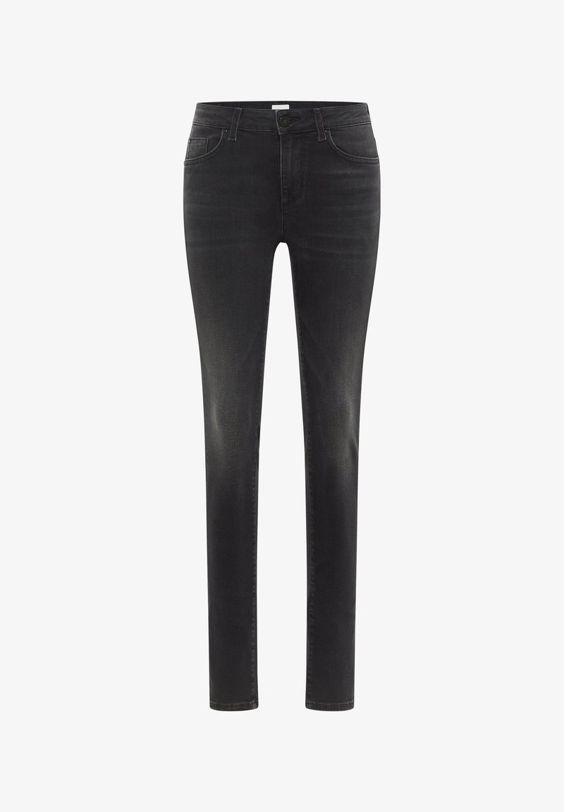 Schwarze Denim-Jeans mit schlanker Passform, Fünf-Taschen-Design, subtiler Ausbleichung und glatter Textur. Mit Knopfverschluss und Gürtelschlaufen.