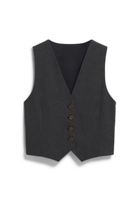 Herrenweste in Anthrazitgrau mit tiefem V-Ausschnitt, fünf braunen Knöpfen und einer eleganten, glatten Textur. Mit schwarzem Rückenteil gefüttert.