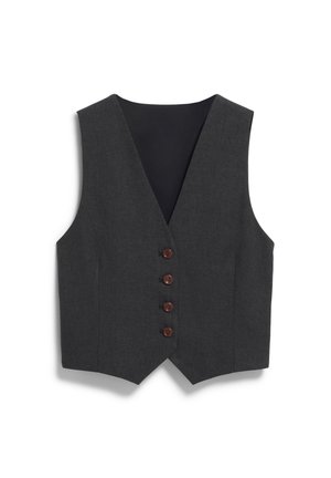 Men's charcoal grey vest with a deep V-neck, five brown buttons, and a sleek, smooth texture. Features a back lining in black.