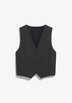Men's charcoal grey vest with a deep V-neck, five brown buttons, and a sleek, smooth texture. Features a back lining in black.