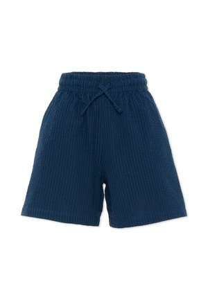 Pantaloncini blu navy con texture, vita elastica e coulisse frontale, lunghezza al ginocchio, stile casual.