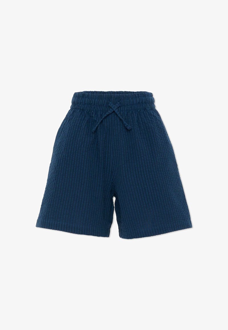 Shorts texturés bleu marine avec taille élastique et cordon à l'avant, longueur genoux, style décontracté.
