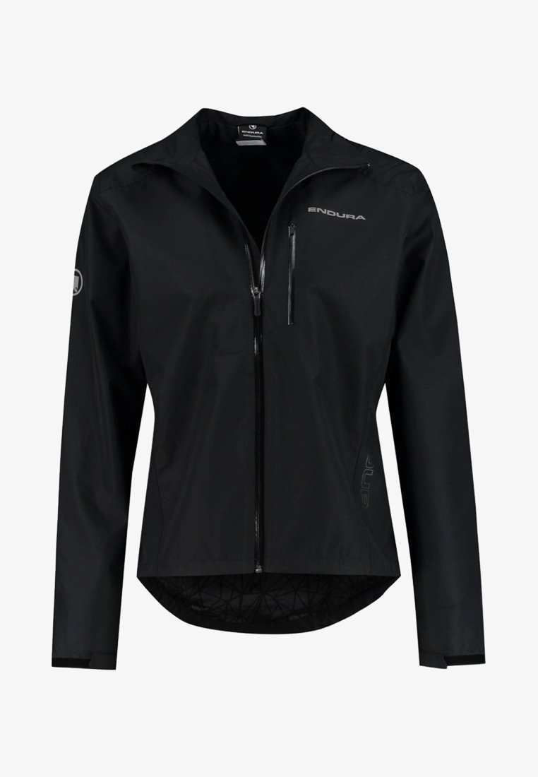 Veste de cyclisme noire imperméable, avec fermeture éclair intégrale, col haut et détails réfléchissants. Tissu léger avec un intérieur légèrement texturé.