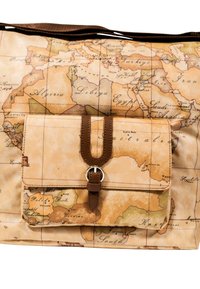 Bolso de estilo vintage con un estampado de mapa mundial que incluye África, Oriente Medio y Australia, con un bolsillo delantero y correa de hebilla de cuero.