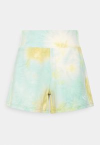 Tie-dye shorts i ljusblå och gula nyanser, med hög midja och neongröna sömmar. Mjuk tyg med en slät textur.
