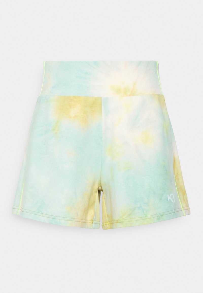 Tie-dye shorts i ljusblå och gula nyanser, med hög midja och neongröna sömmar. Mjuk tyg med en slät textur.