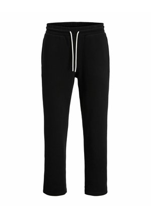 Černé tepláky vyrobené z měkké tkaniny, s elastickým pasem a bílou tkaničkou, zúženými nohavicemi a bez viditelných vzorů nebo akcentů.