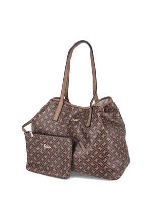 Sac cabas marron avec pochette zippée assortie, tous deux avec un motif géométrique répétitif et un logo doré, présentés sur fond blanc.