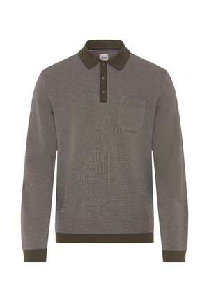 Lange mouw polo shirt in bruin met een textuurpatroon. Bevat een kraag, drie knopen en een borstzak met een effen kleur rand.