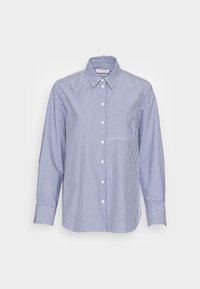 Modrá a bílá proužkovaná košile na knoflíky, s límečkem, dlouhými rukávy a jednou kapsou na levé straně. Vyrobena z tkané látky.