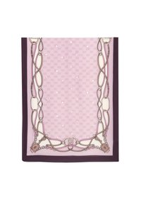 Foulard di seta rosa con motivo di catene e lucchetti, bordato in viola scuro, con un logo sottile e accenti decorativi in tutto il design.