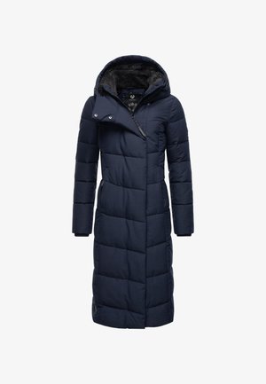 Lang mørkeblå dunjakke med hætte, quiltet design, lynlås foran og trykknapper. Har blød foring og sidelommer. Vandtæt materiale.