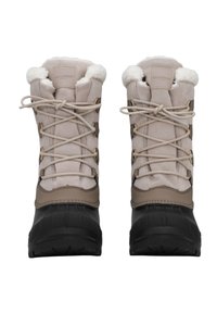 Botas impermeables beige con forro de piel sintética, punta redonda y suela de goma negra flexible. Presentan un cierre de cordones en la parte delantera y acentos de hardware dorado.