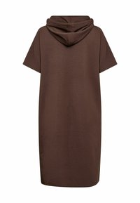 Brun oversized hoodieklänning med korta ärmar. Har en mjuk textur, huva och en rak skärning med sidoöppningar vid fållen.