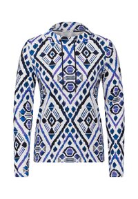 Wit long sleeve hoodie met een ingewikkeld diamantpatroon in blauw en zwart, met een trekkoord bij de hals.