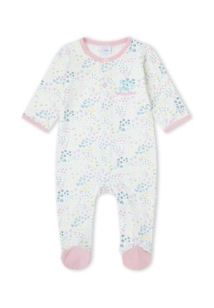 Pelele blanco para bebé con ribete rosa y pies, cubierto con patrones de corazón y puntos en tonos pastel, con botones automáticos en la parte delantera y detalles de texto sutiles.