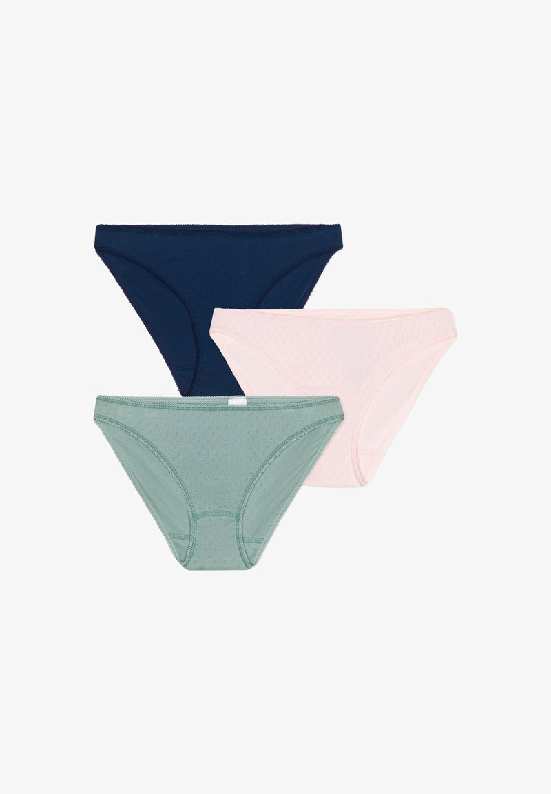 Tre paia di mutandine da donna: blu navy, rosa chiaro con un motivo a pois e verde menta. Tutte presentano un design classico e un tessuto morbido.
