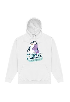 Hvid hættetrøje med en frontlomme, snørehætte og et grafisk design med to pingviner og en bjørn, teksten lyder "SLEIGH ALL DAY."