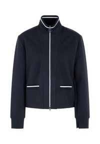 Navy zip-up jacket with a stand collar, white accents on the collar and pockets, and ribbed cuffs; features a smooth, textured fabric.