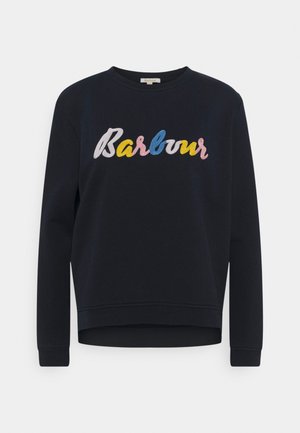 Marineblauwe sweatshirt met lange mouwen en ronde hals, met "Barbour" in meerkleurige cursief geborduurd over de borst.